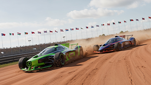 A pack of supercars led by an orange Lamborghini drives past a drifting Ford Mustang and off-roaders heading in the opposite direction, all in Mexico's desert surrounded by cacti and beach trees.
